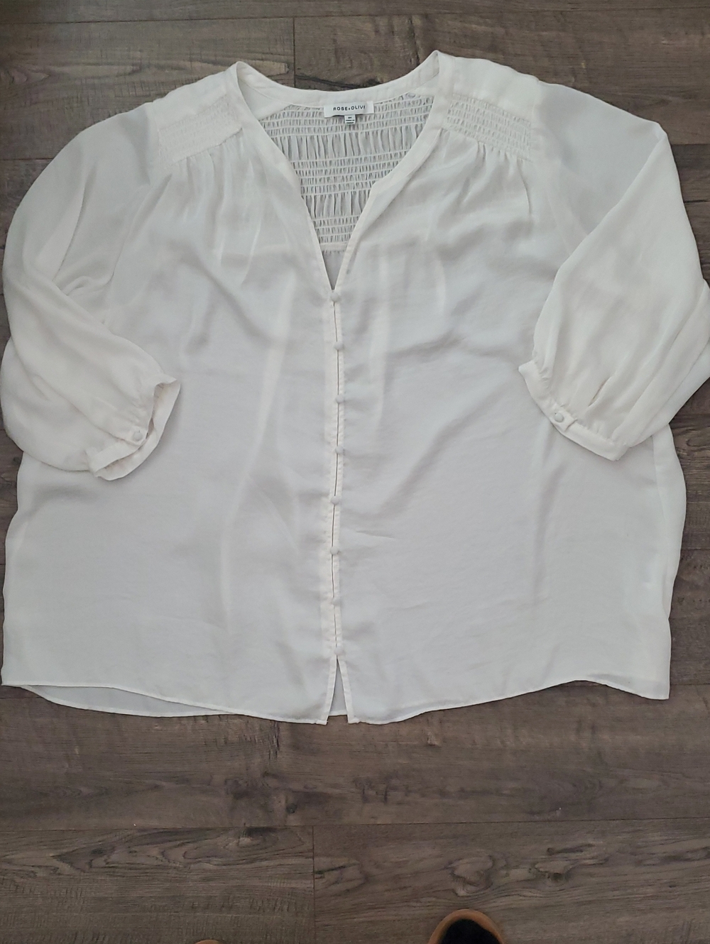 Rose & Olive Cream Button-Front Smocked Yoke Blouse